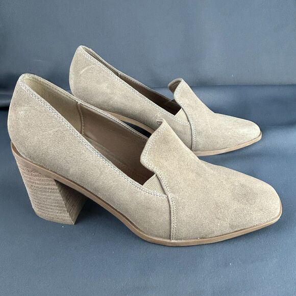 JOIE Wevenly Suede Leather Block Heel Shoes Tan Slip On Loafers Size 9.5 NEW - Picture 12 of 16